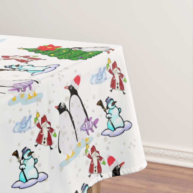 Christmas Tablecloth, Santa, Snowman, Penguin Tablecloth (In Situ)