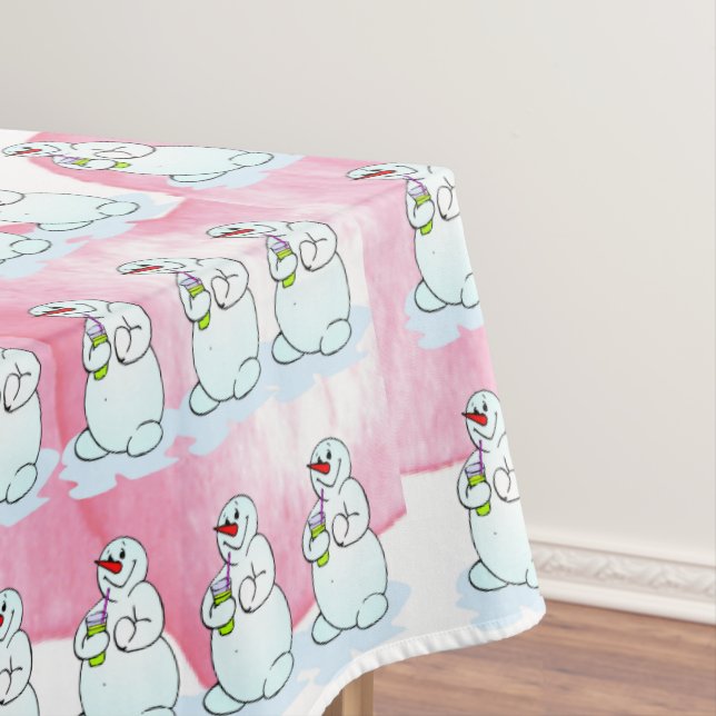 Christmas Tablecloth, Thirsty Snowman Pink Hearts  Tablecloth (In Situ)