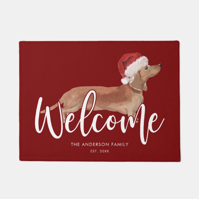 Christmas Tan Dachshund Personalised Red Doormat (Front)
