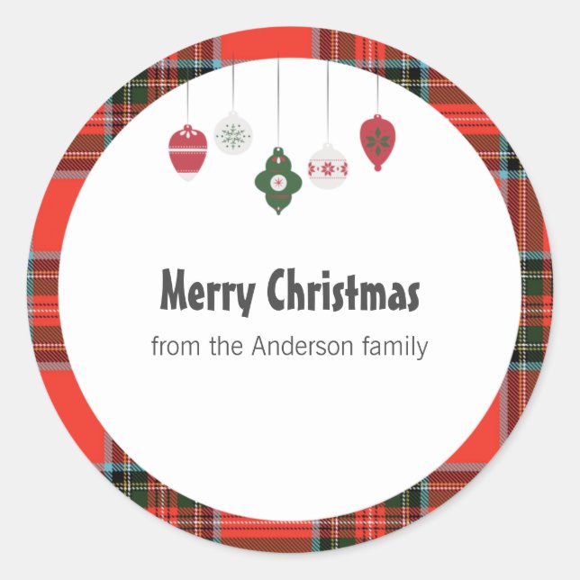 Christmas tartan and bauble classic round sticker (Front)