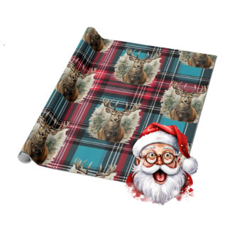 Christmas Tartan blue reindeer Wrapping Paper