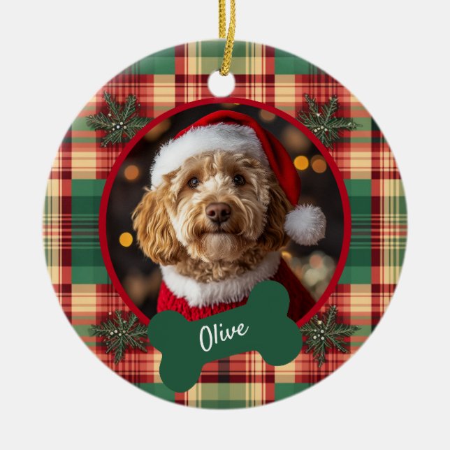 Christmas Tartan Custom Dog Photo Ceramic Tree Decoration (Front)