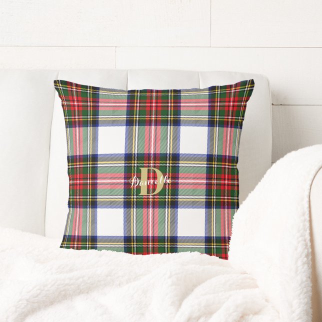 Christmas Tartan Monogram Name Holiday Pattern Cushion (Christmas Tartan Monogram Name Holiday Pattern Throw Pillow)