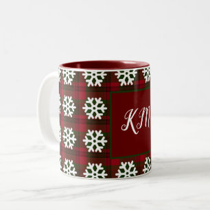 Christmas Tartan Monogram Snowflake Red Green Two-Tone Coffee Mug