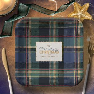 Christmas Tartan Navy Blue Green ID1141B Paper Plate