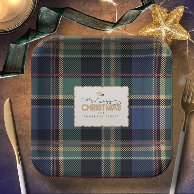 Christmas Tartan Navy Blue Green ID1141B Paper Plate (Creator Uploaded)