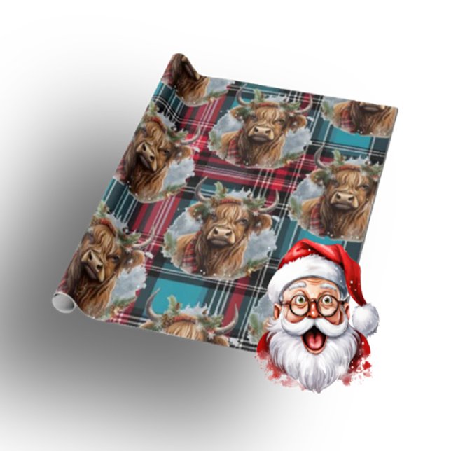 Christmas Tartan pacific blue Highlander Cow Wrapping Paper (Merry Christmas Cow )