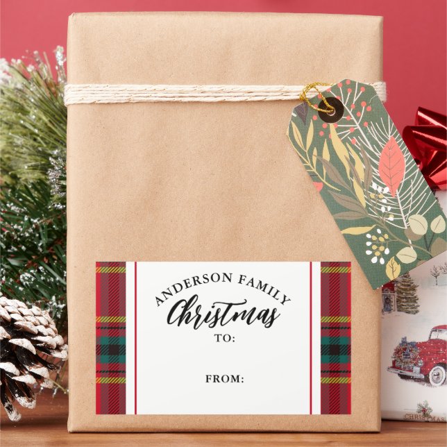 Christmas Tartan Plaid Family Name Gift Rectangular Sticker (Holiday)