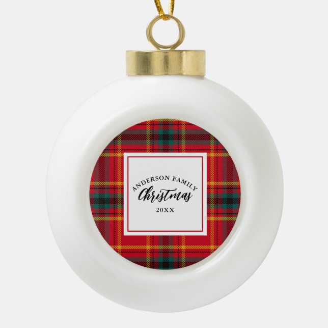 Christmas Tartan Plaid Family Name Year Ceramic Ball Christmas Ornament (Front)