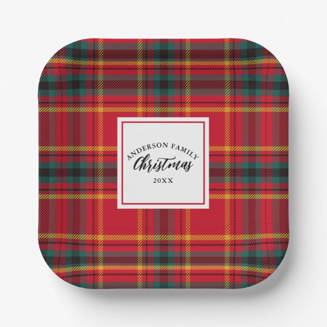 Christmas Tartan Plaid Family Name Year Paper Plate (Front)