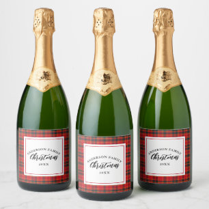 Christmas Tartan Plaid Family Name Year Sparkling Wine Label