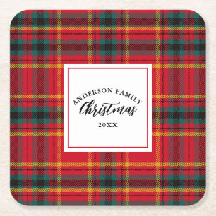 Christmas Tartan Plaid Family Name Year Square Paper Coaster