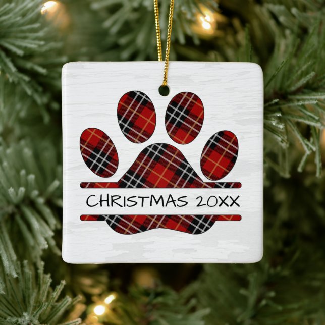 Christmas Tartan Plaid Paw Print Ceramic Ornament (Tree)