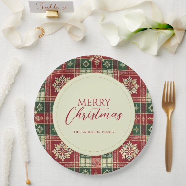 Christmas Tartan Plaid Snowflake Rustic Paper Plate (Wedding)