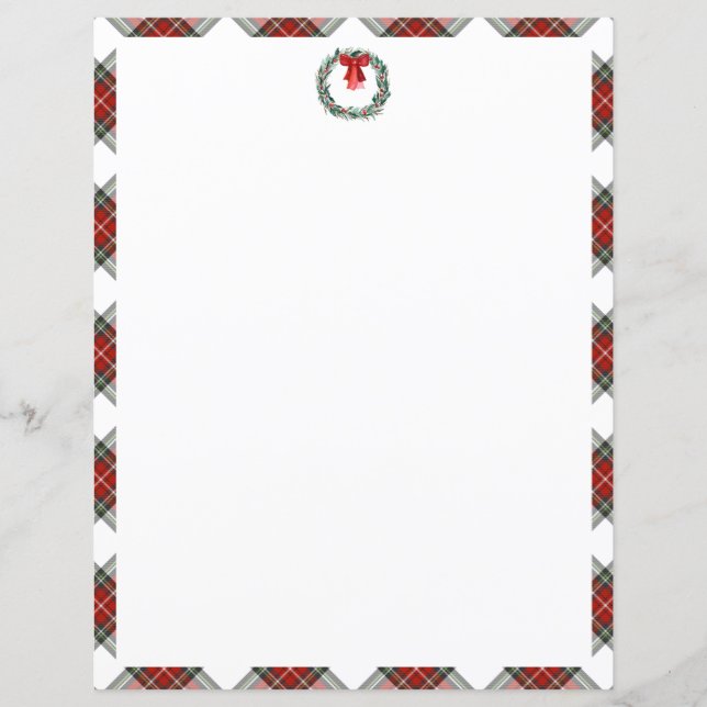 Christmas Tartan Plaid Wreath Bow Stationary Paper (Front)