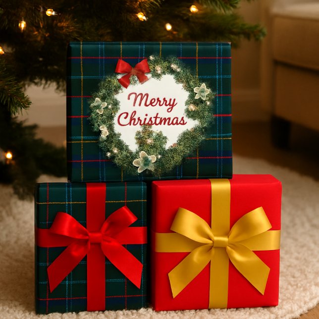 Christmas Tartan with Wreath Craft or Gift Wrapping Paper Sheet (AI created by Sgolis )