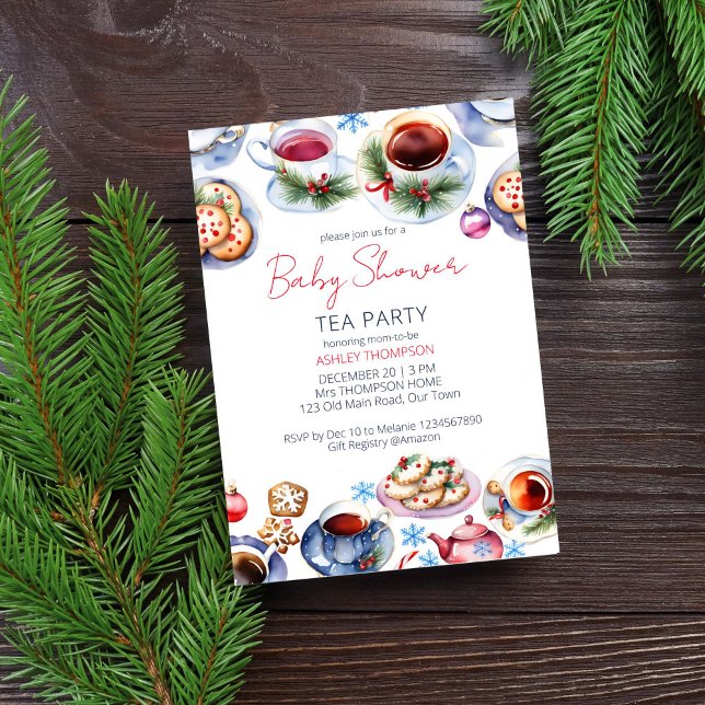 Christmas tea party baby shower template (Christmas tea party baby shower editable template invitation digital download watercolor tea cups)