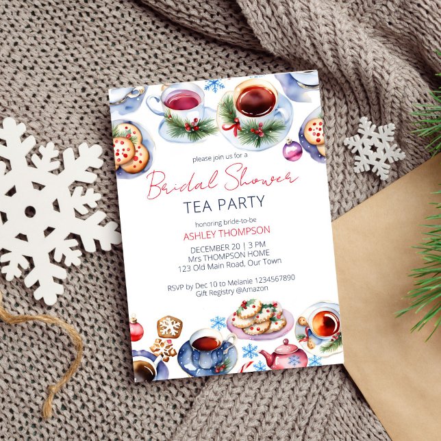 Christmas tea party bridal shower template (Christmas tea party bridal shower editable template invitation digital download watercolor tea cups)