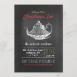 Christmas Tea Party Vintage Chalkboard Teapot Red Invitation<br><div class="desc">christmas tea party template, black vintage chalkboard style, victorian teapot/tea pot graphic, red/green/white text template, vintage holiday tea party design, dotted dividers, simple/fun/old fashioned/cool design, antique illustration/image/digital collage, black background, vintage inspired/style/look/looking, 5x7 flat, christmas colours. Christmas tea party design featuring antique illustration of victorian tea pot graphic, in white, and...</div>