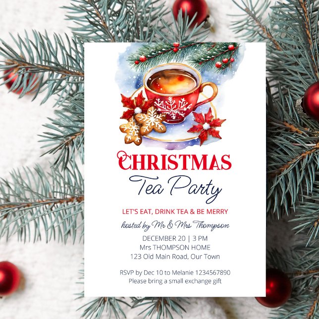 Christmas tea party watercolor template (Christmas tea party editable template invitation digital download watercolor tea cup pines cookies)