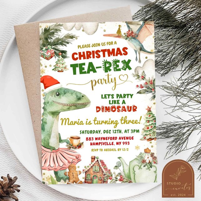 Christmas Tea-Rex Dinosaur Tutu  Birthday Girl Invitation (Creator Uploaded)