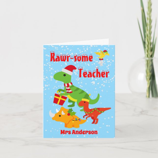 Christmas Teacher Appreciation Kids Dinosaur Thank You Card (Front)