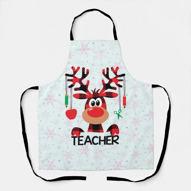 Christmas Teacher with Red Plaid Reindeer Apron (Front)
