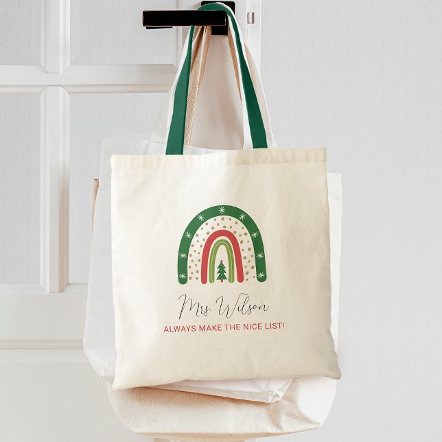 Christmas Teachers Rainbow Nice List Tote Bag (Teachers Always Make The Nice List Rainbow Christmas Tote Bag)