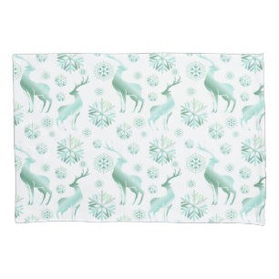 Christmas Teal Metallic Snowflakes and Reindeers Pillowcase