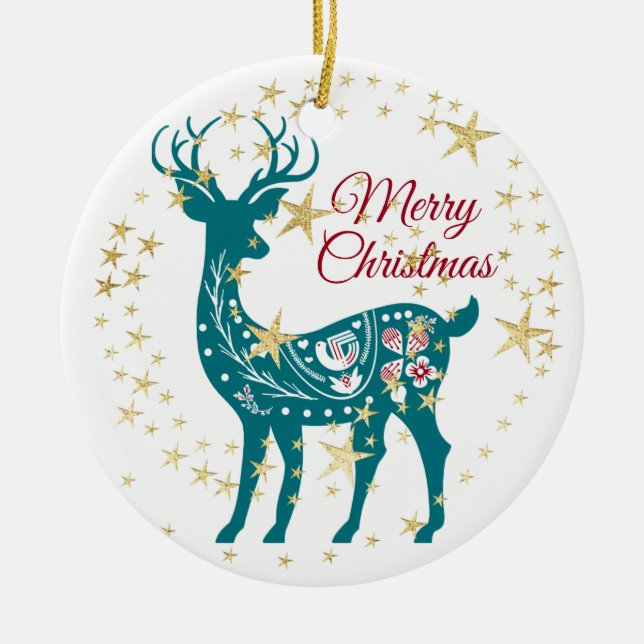 Christmas Teal Reindeer Golden Stars Elegant Ceram Ceramic Tree Decoration (Front)