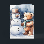 Christmas Teddy Bear And Snowman Holiday Card<br><div class="desc">Cute watercolor brown teddy bear in snowflakes with snowman.
Text is editable.</div>