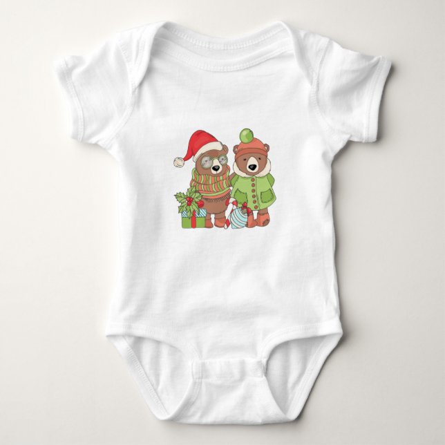Christmas Teddy Bear Couple with Gift  Baby Bodysuit (Front)