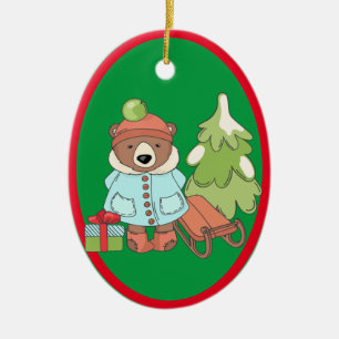 Christmas Teddy Bear Couple with Gift Ceramic Tree Decoration