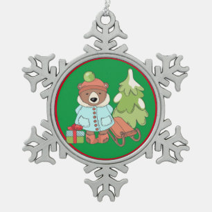 Christmas Teddy Bear Couple with Gift Snowflake Pewter Christmas Ornament