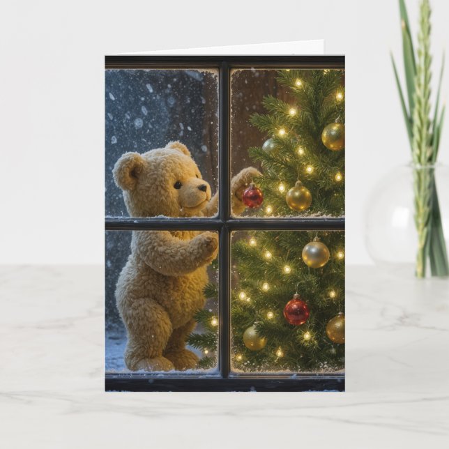Christmas Teddy Bear Decorating a Tree Card (Front)