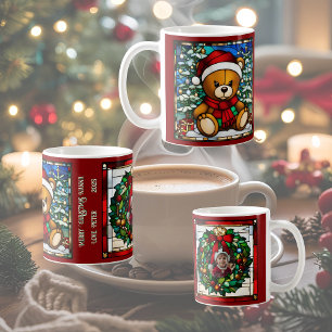Christmas Teddy Bear Faux Stained Glass Coffee Mug