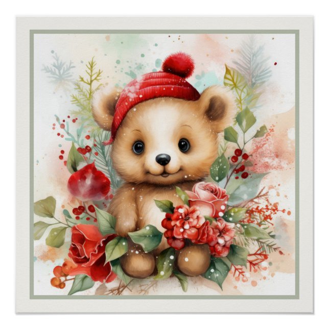 Christmas Teddy Bear Hat Faux Mat Ready to Frame Poster (Front)