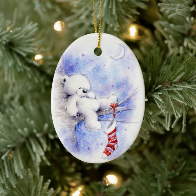 Christmas Teddy Bear In A Tree Stocking Ceramic Tree Decoration (Tree)