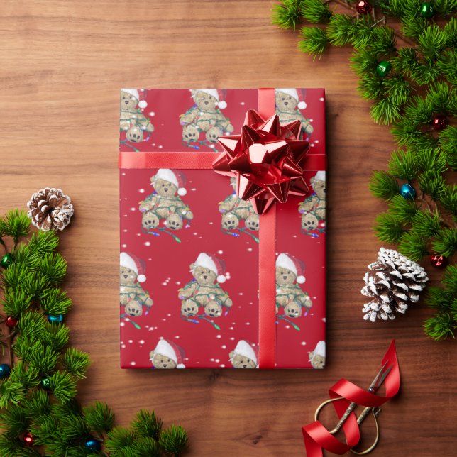 Christmas Teddy Bear In Tangled Lights Wrapping Paper (Holiday Gift)