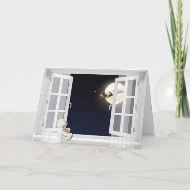 Christmas Teddy bear in window Holiday Card (Front)