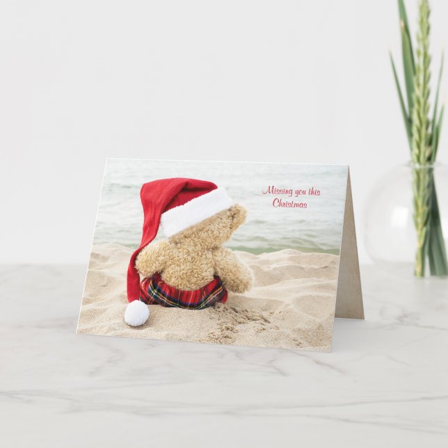 Christmas teddy bear on beach holiday card (Front)