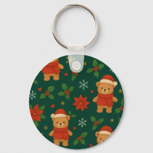 Christmas Teddy Bear Pattern – Cute Green Holiday Key Ring