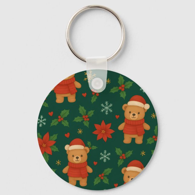 Christmas Teddy Bear Pattern – Cute Green Holiday  Key Ring (Front)