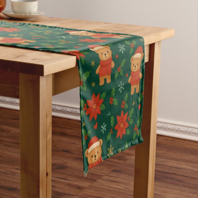 Christmas Teddy Bear Pattern – Cute Green Holiday Short Table Runner (In Situ)