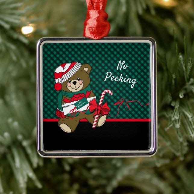 Christmas Teddy Bear Plaid Personalised Metal Tree Decoration (Tree)