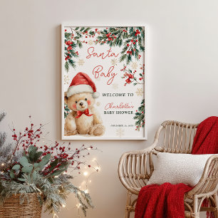 Christmas Teddy Bear Santa Baby Shower Welcome Poster