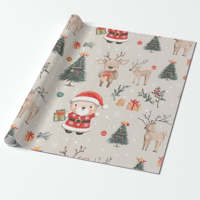 Christmas Teddy Bear Santa Pattern (1) Wrapping Paper (Unrolled)