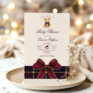 Christmas Teddy Bear Wine Red plaid Baby shower Invitation