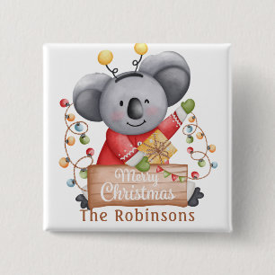 Christmas Teddy Bear with Gift and Snowflakes 15 Cm Square Badge