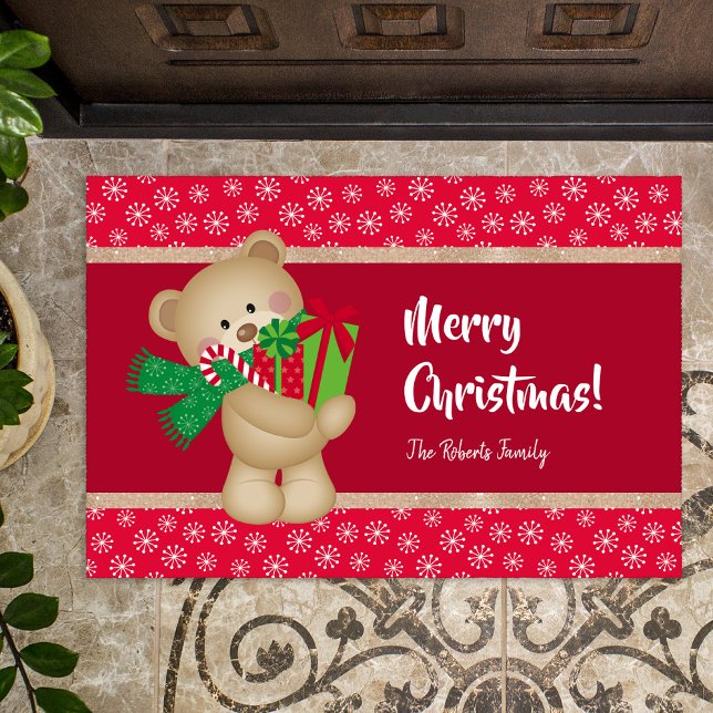 Christmas Teddy Bear with Gift and Snowflakes, Red Doormat (Creator Uploaded)